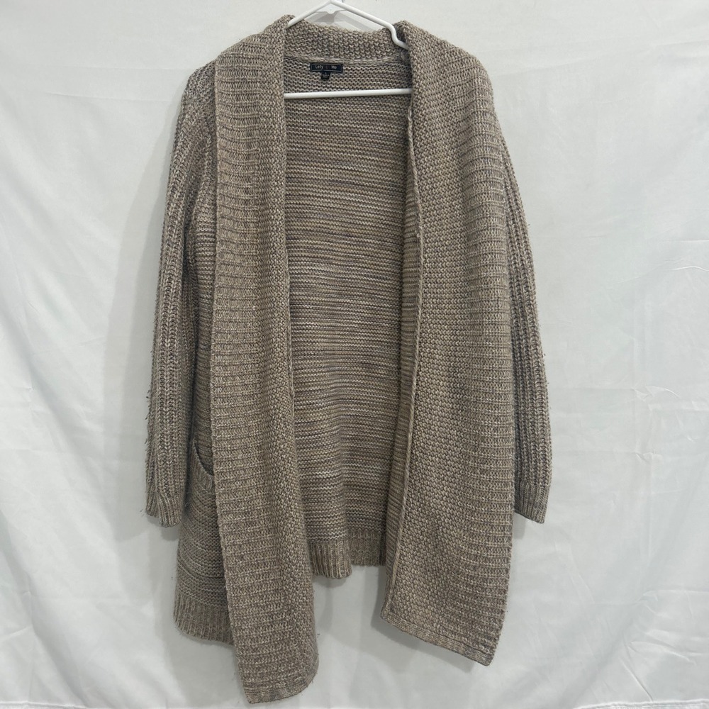 Lety & Me Womens Marled Knit Open Front Shawl Collar Cardigan Sweater Tan Large